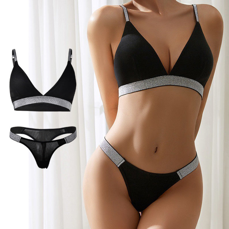 Women's Rhinestone Knit Wireless Bra & Knicker Set | Black