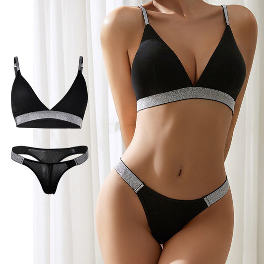 Women's Rhinestone Knit Wireless Bra & Knicker Set | Black
