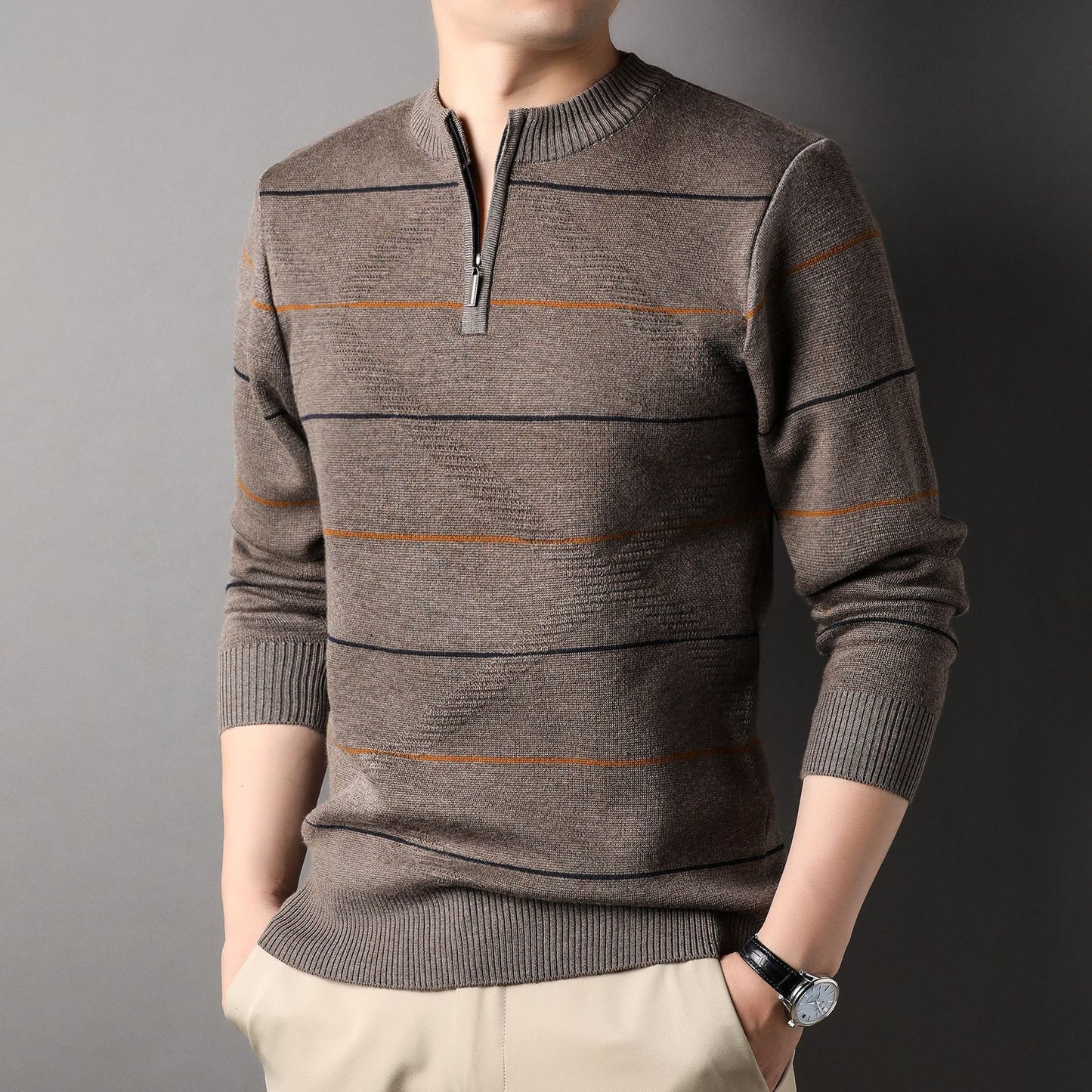 Men's Striped Mock Neck Zip Knit Sweater | Easy Care | JParker