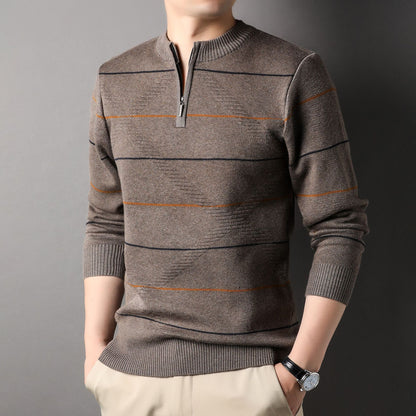 Men's Striped Mock Neck Zip Knit Sweater | Easy Care | JParker