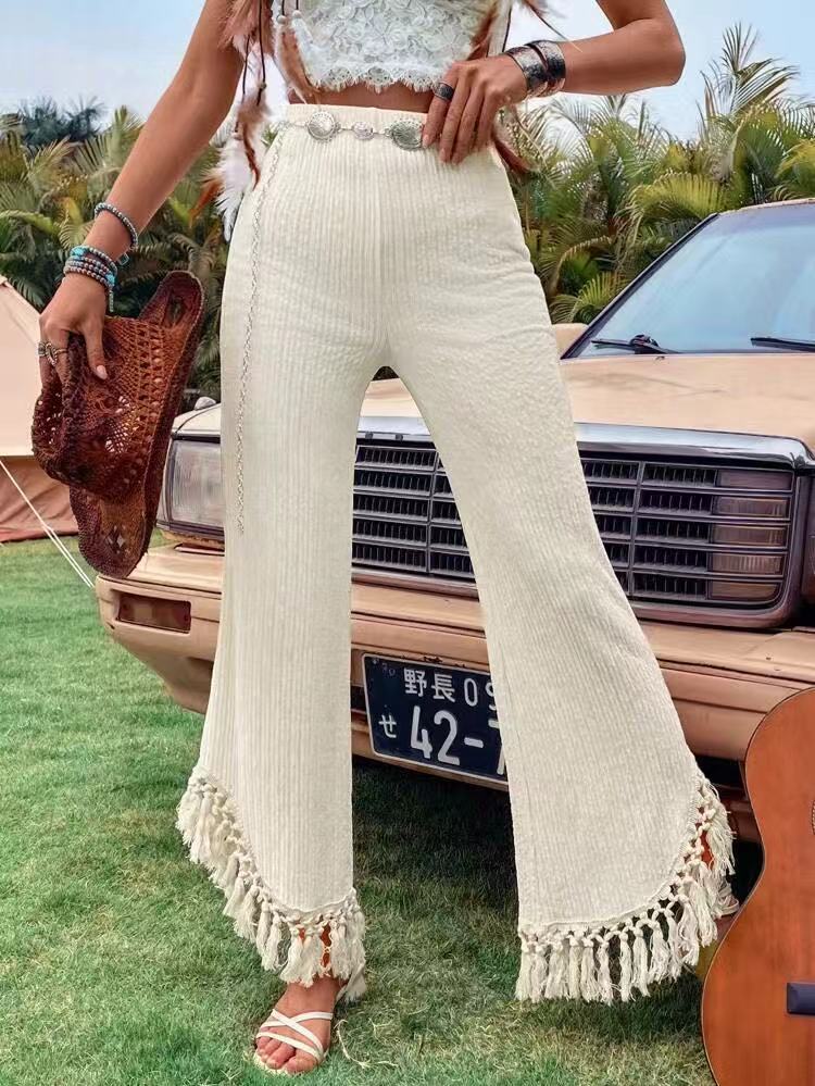 Women's High Waist Tassel Trim Trousers - Resort Style
