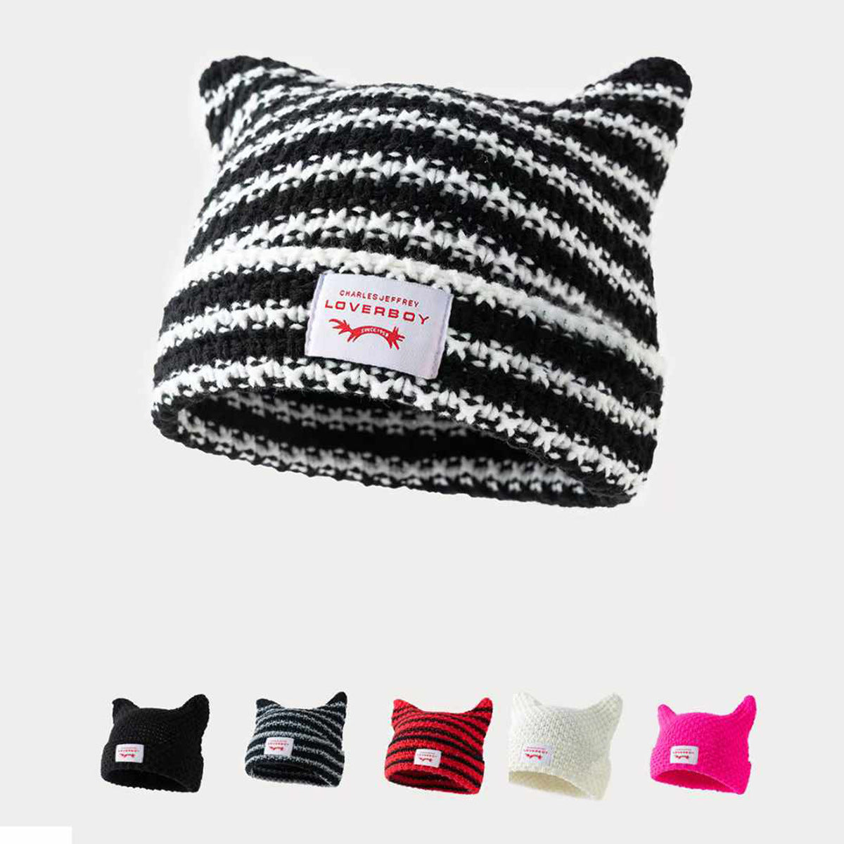 Women's Knitted Cat Ear Beanie | Striped Acrylic Winter Hat – 6 Colours
