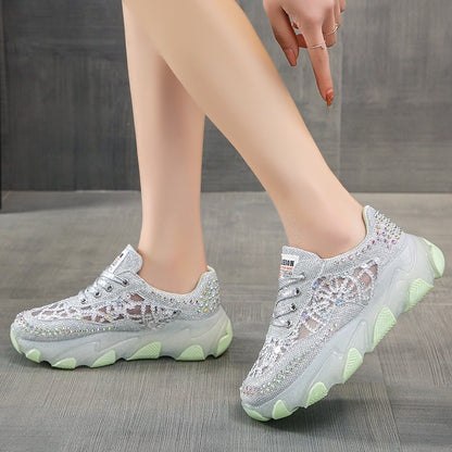 Women's Rhinestone Mesh Chunky Sole Shoes | Height-Increasing | Sizes 35-40
