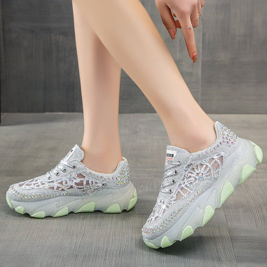 Women's Rhinestone Mesh Chunky Sole Shoes | Height-Increasing | Sizes 35-40
