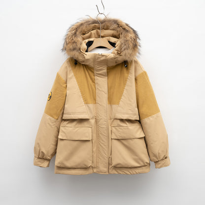 Beige and brown winter coat with fur hood on a white background