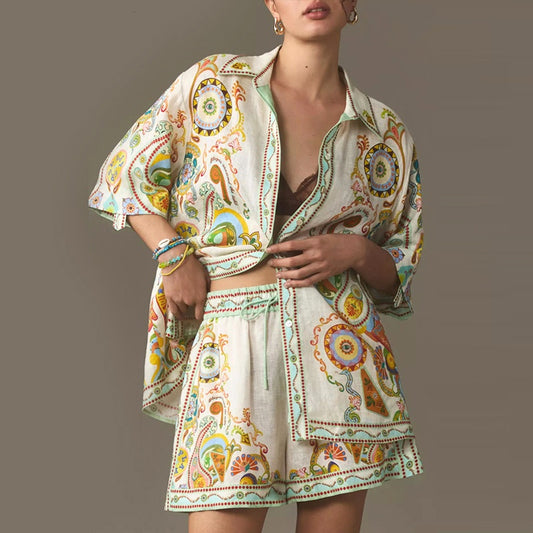 Women's Printed Two-Piece Set | Three-Quarter Sleeve Top & Shorts | S–XL