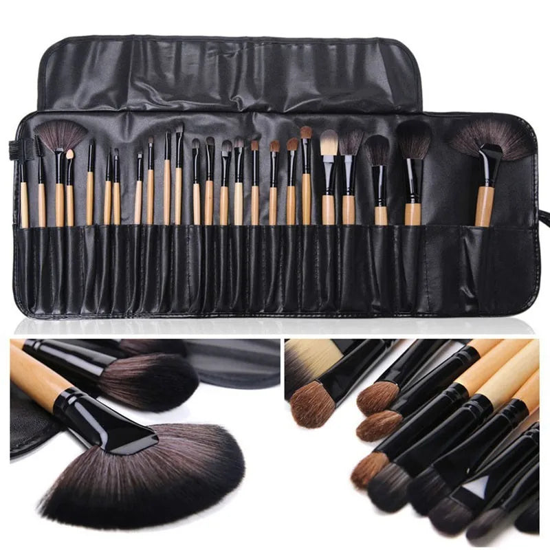 24-Piece Professional Makeup Brush Set – Wooden Handle, PU Carry Bag