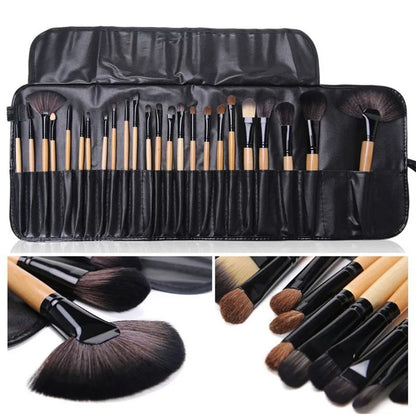 24-Piece Professional Makeup Brush Set – Wooden Handle, PU Carry Bag