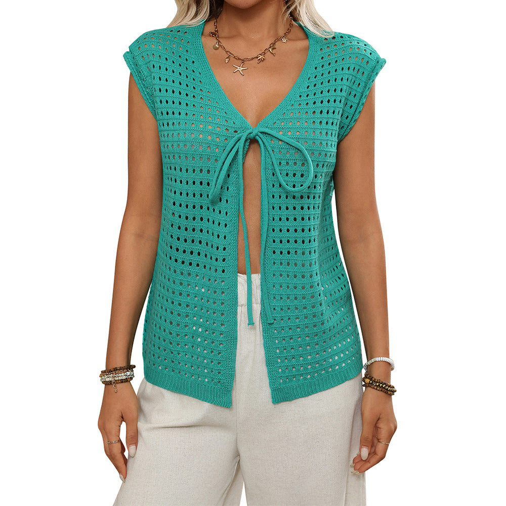 Women's Hollow-Out Short-Sleeve Knitted Cardigan | Lightweight Acrylic Sweater Top