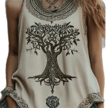 Women's Digital Print Pleated Crew-Neck Tank Top