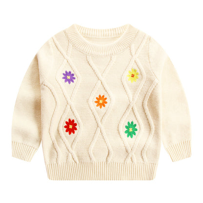 Girls Embroidered Flower Knit Sweater – Round Neck Cotton Top