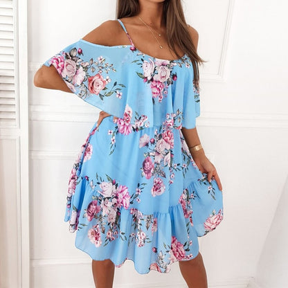 Women's Floral Print Ruffle Dress | Off-Shoulder Summer Midi