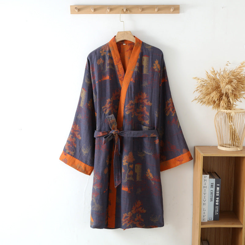 Pure Cotton Jacquard Nightgown with Belt | Oriental Style Robe