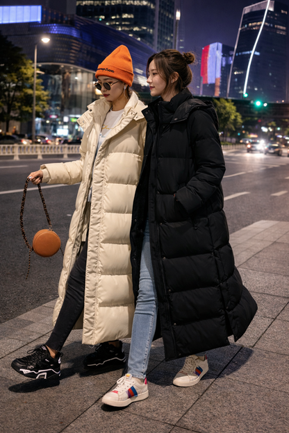Women's Longline Hooded Padded Coat - Bishop Sleeves