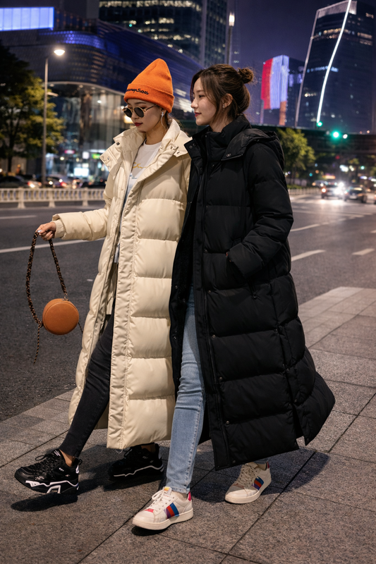 Women's Longline Hooded Padded Coat - Bishop Sleeves