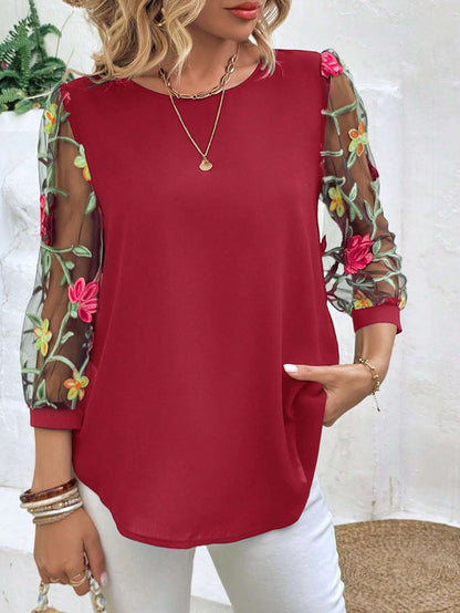 Women's Mesh Patchwork Three-Quarter Sleeve Top | Casual Commuter Polyester Shirt