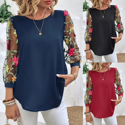 Women's Mesh Patchwork Three-Quarter Sleeve Top | Casual Commuter Polyester Shirt