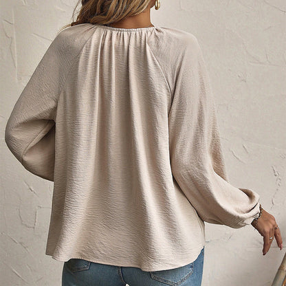 Women's Loose-Fit Long Sleeve Chiffon Blouse | Lace-Up Raglan Top