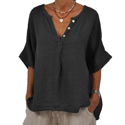 Women's Cotton-Linen V-Neck Button-Up Shirt | Relaxed Fit Casual Top