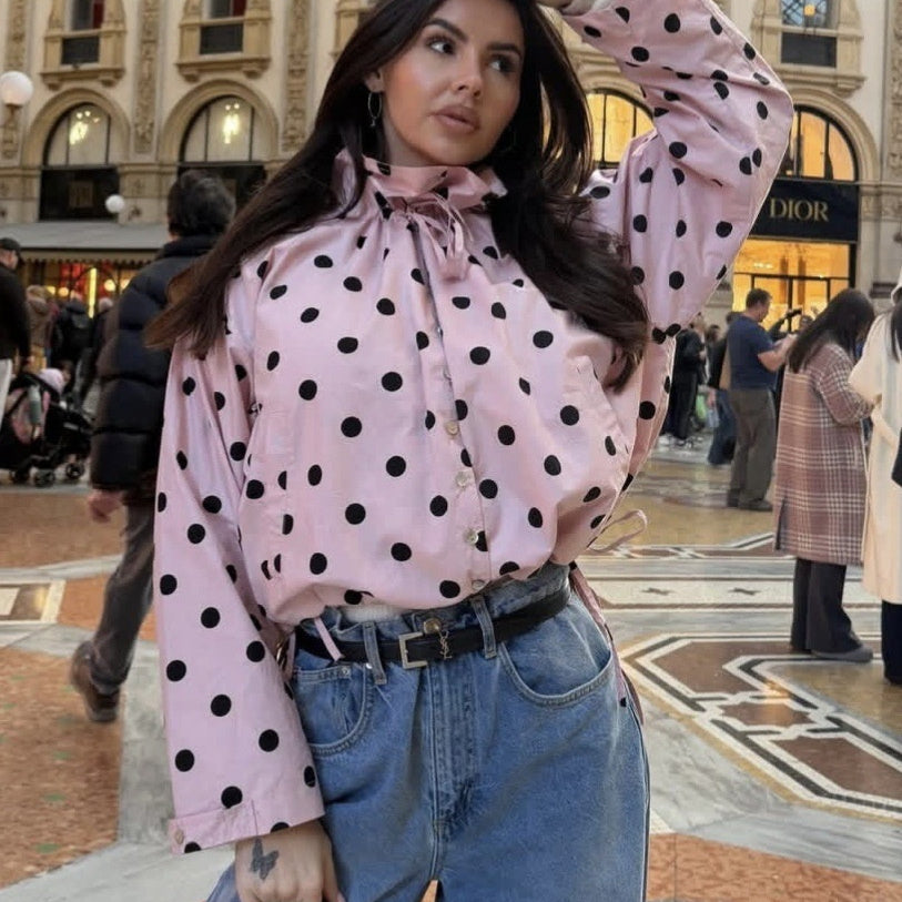 Women's Polka Dot Long-Sleeve Coat | Stand Collar Bow-Tied Single-Breasted Jacket