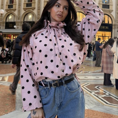 Women's Polka Dot Long-Sleeve Coat | Stand Collar Bow-Tied Single-Breasted Jacket