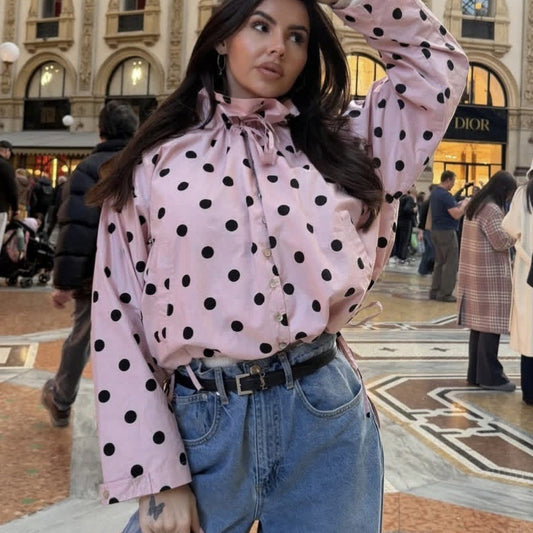 Women's Polka Dot Long-Sleeve Coat | Stand Collar Bow-Tied Single-Breasted Jacket