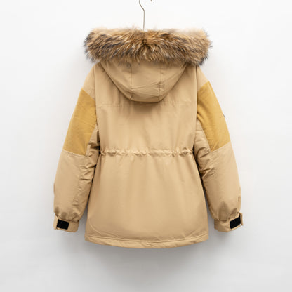 Beige winter jacket with fur hood on a white background