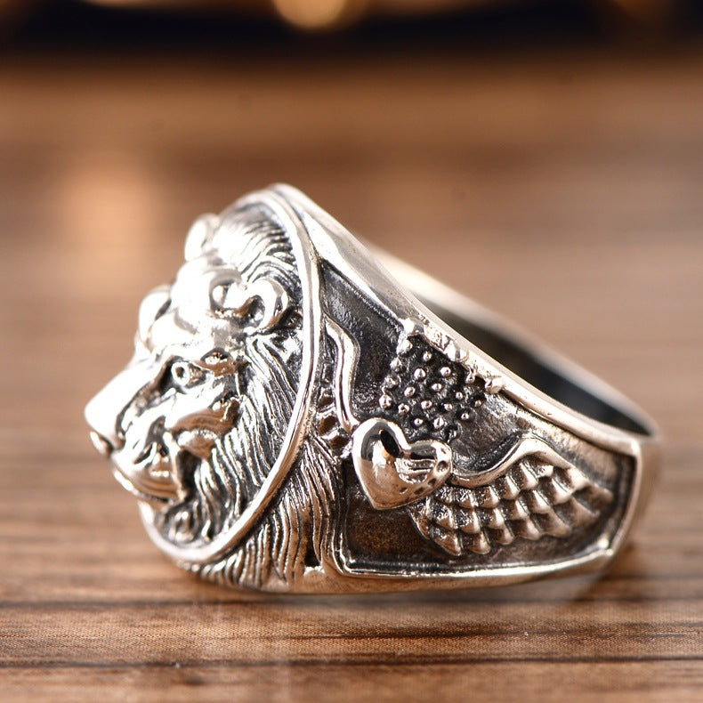 Men's Thai Silver Lion Head Ring – Domineering Beast Statement Band