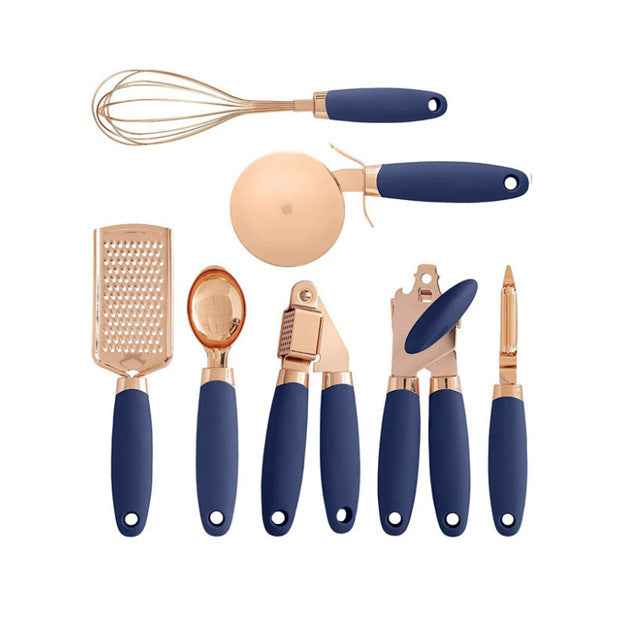 7-Piece Stainless Steel Kitchen Tool Set – Rose Gold Finish Cooking Utensils with Rack