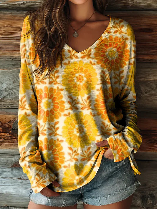 Women's 3D Print Drop-Shoulder V-Neck Long-Sleeve Top | Loose-Fit Street Fashion Pullover