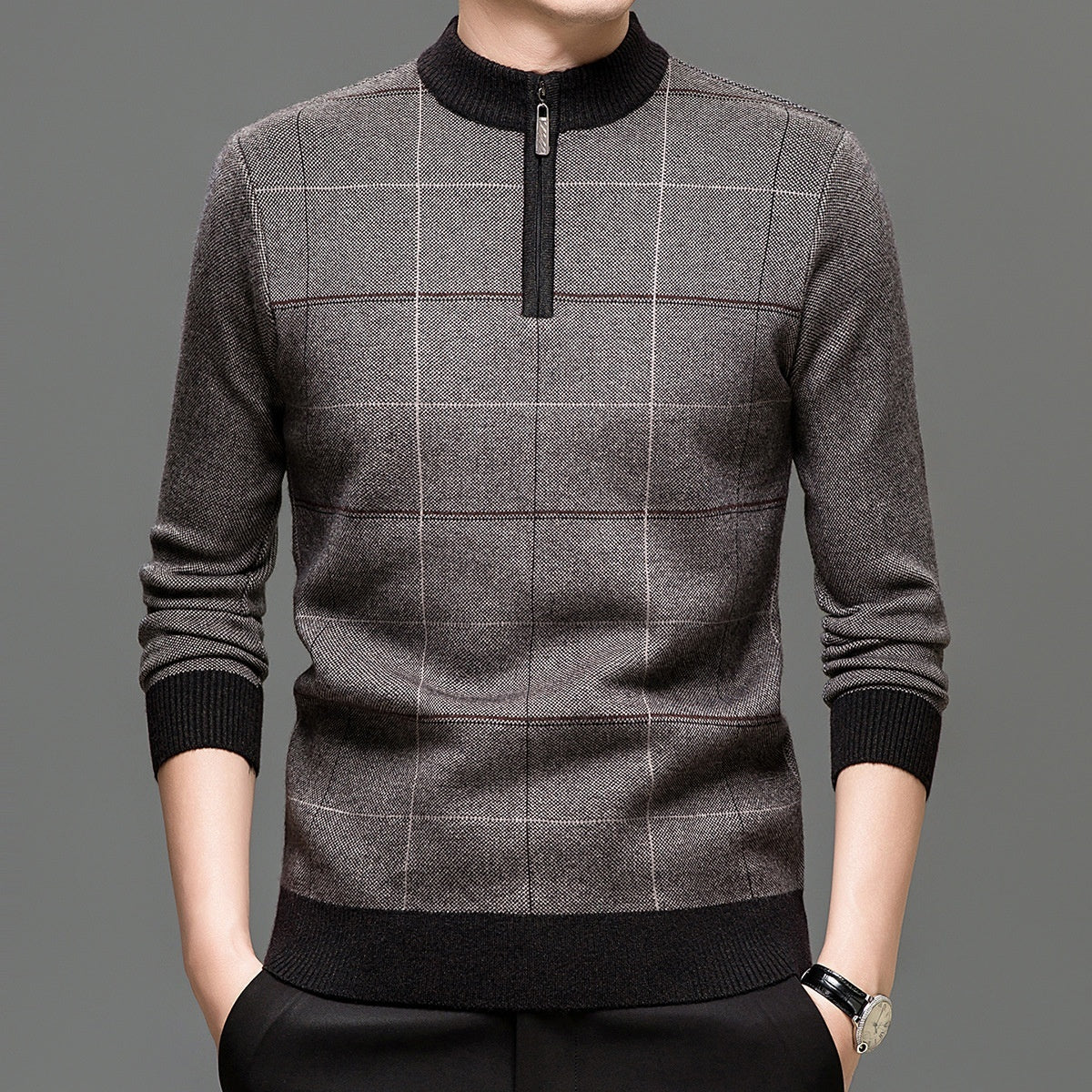 Men's Plaid Half-Zip Knit Sweater | Thick Stretch Fit | JParker