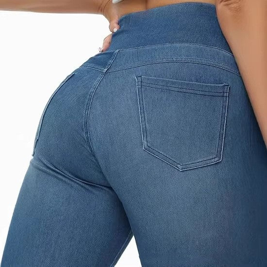 Women's High-Waist Faux Denim Slim Trousers - Elastic Waist, 3 Colours