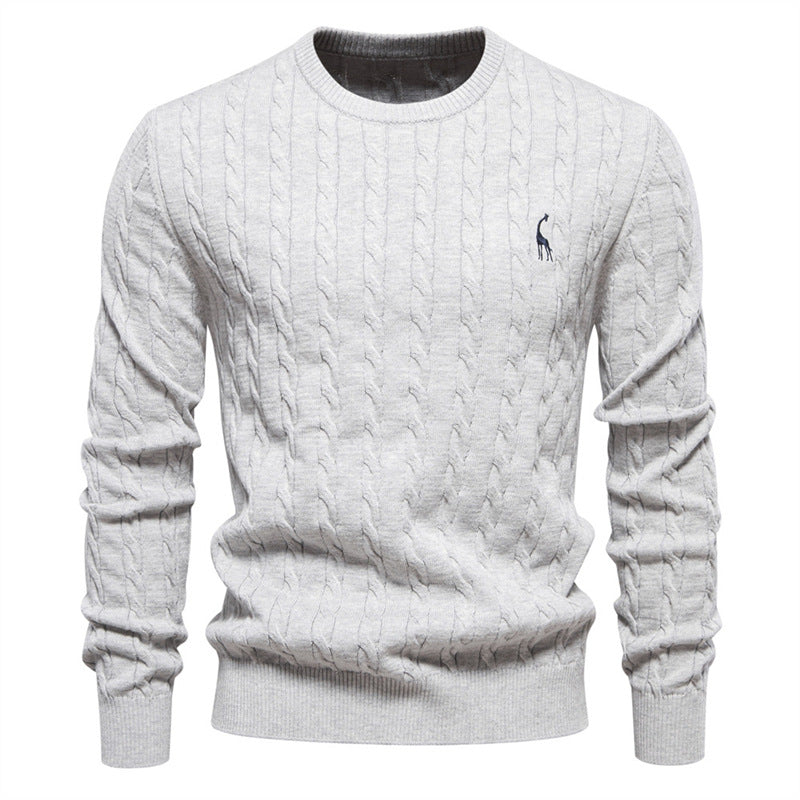 Men's Deer Embroidered Cotton Pullover Sweater | Autumn Casual Knitwear