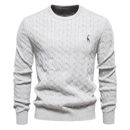 Men's Deer Embroidered Cotton Pullover Sweater | Autumn Casual Knitwear