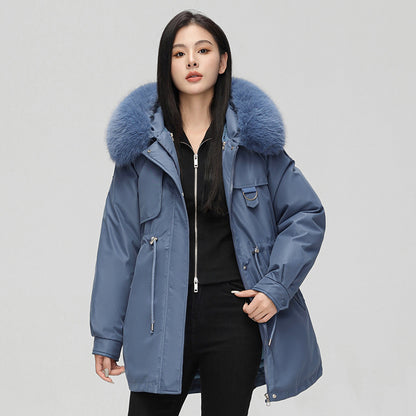Women's Mid-Length Padded Coat with Fur Collar - 5 Colours