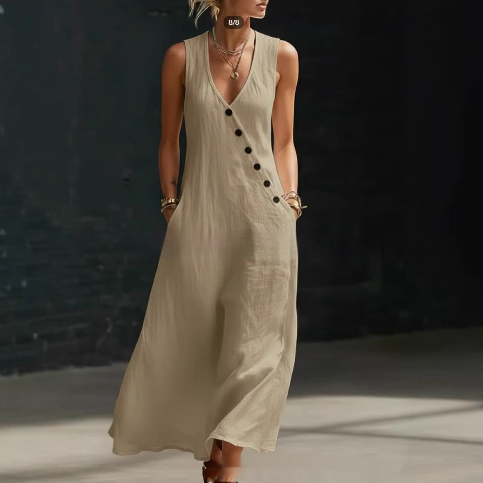 Women's Sleeveless Buttoned A-Line Linen Maxi Dress
