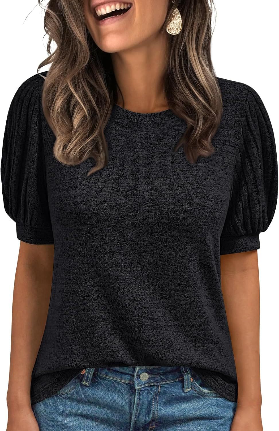 Women's Crew-Neck Elastic-Cuff Short-Sleeve Top