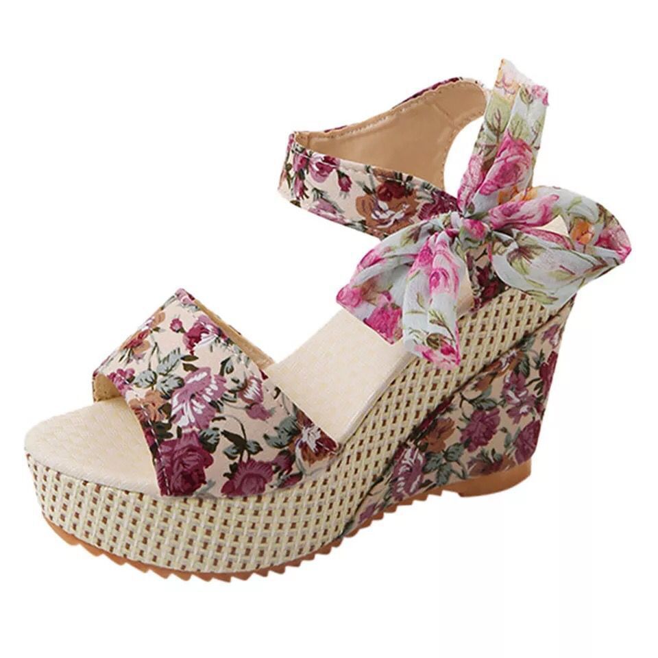 Women's Floral Print Wedge Sandals | Ribbon Tie | EU 35–40