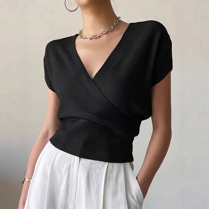 Women's V-Neck Knitted Top | Short-Sleeve High-Waisted Loose Fit Viscose Tee