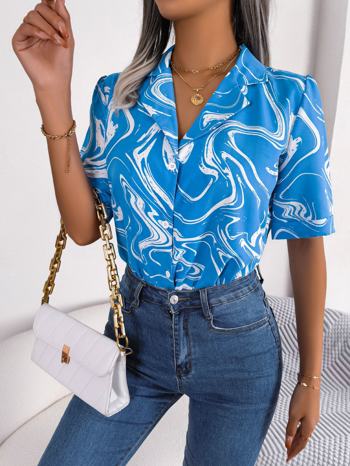 Women's Colour Block Loose Short Sleeve Shirt | Notched Lapel