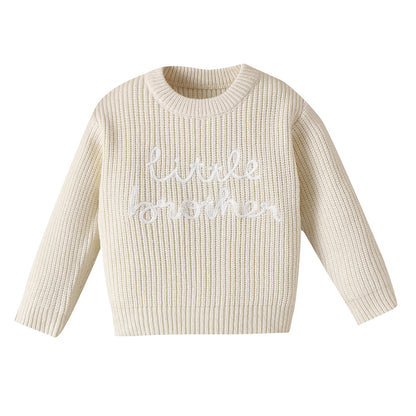 Baby Letter Embroidered Pullover Sweater | White & Brown | Age 0-24 Months