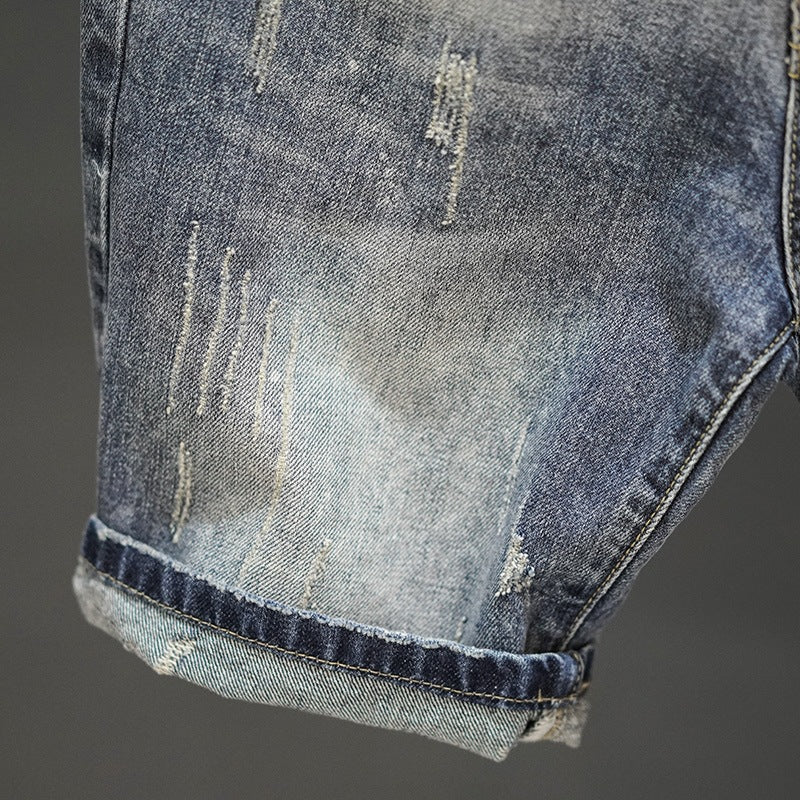 Men's Ripped Denim Cropped Jeans | Straight Leg Frayed Hem W27-34