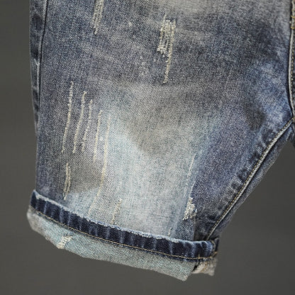 Men's Ripped Denim Cropped Jeans | Straight Leg Frayed Hem W27-34