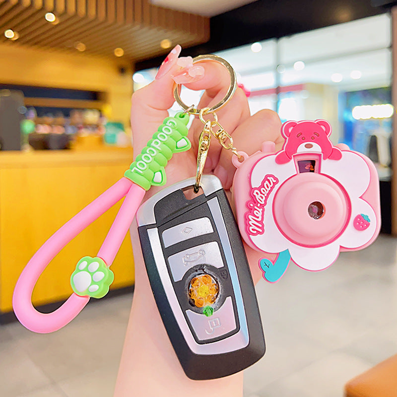 Bear Sweet Projection Camera Keychain | Light-Up Luminous Charm | White & Rose Red