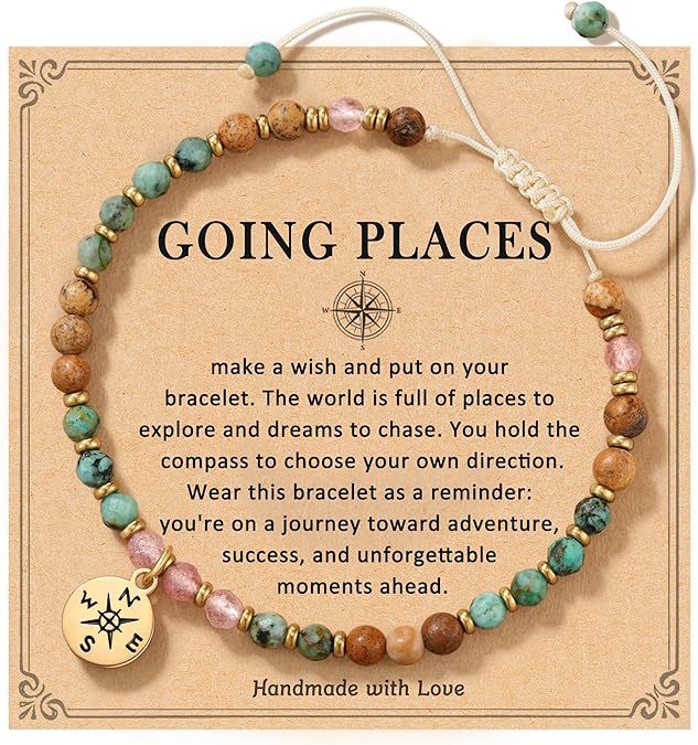 Natural Stone Heart Pendant Bracelet | Hand-Woven Turquoise & Gold Bead Wax Cord