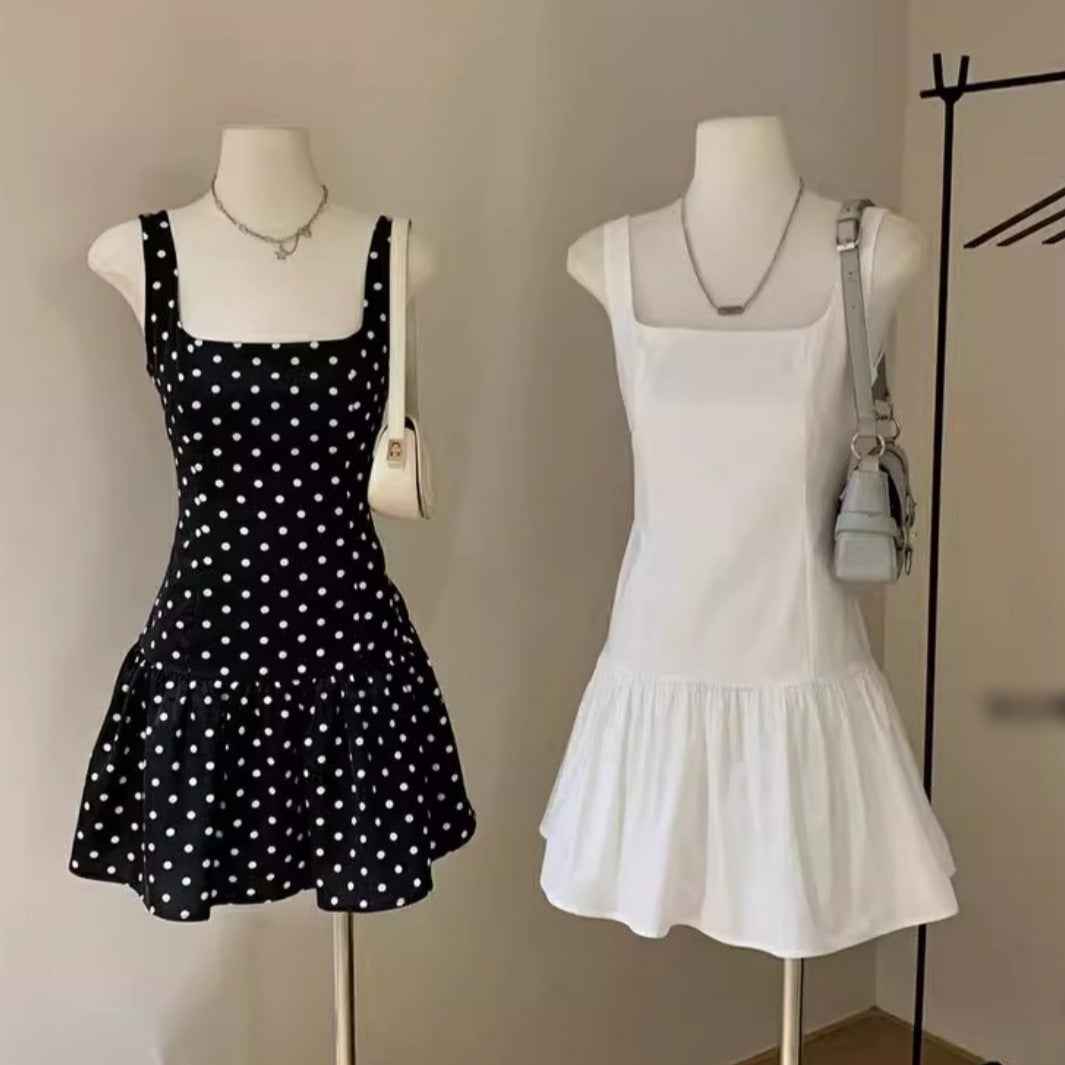 Versatile Polka-dot Waist-cinching Backless Slip Dress