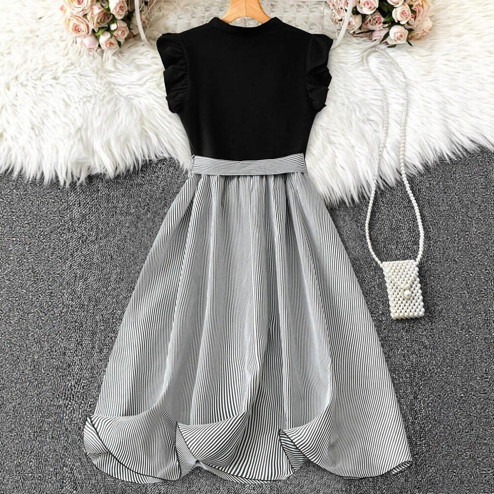 Women's V-Neck High-Waist Patchwork Sleeveless Dress — Black & White