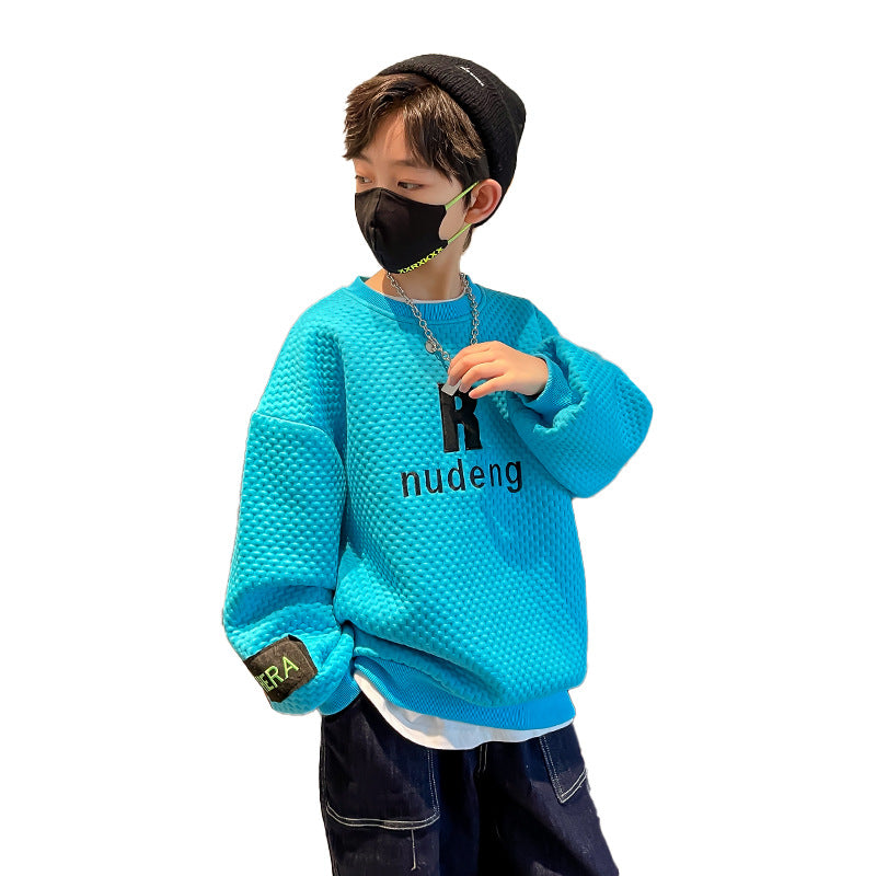 Boys Letter Print Waffle Pullover Sweatshirt | Long Sleeve Kids Top