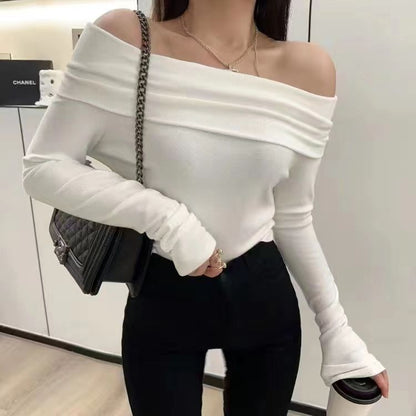 Women's Off-Shoulder Ribbed Knit Sweater Top | High-Elastic Clavicle Knitwear