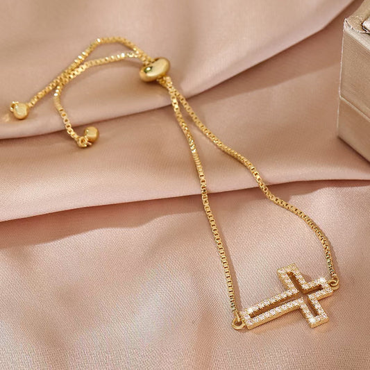 Full Diamond Cross Bracelet | Gold Electroplated Copper Unisex Bracelet